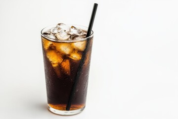 Refreshing energy drink displayed in a clear glass with ice on a clean white background