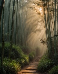 Fototapeta premium Mystical Bamboo Forest with Soft Morning Mist and Warm Sunlight