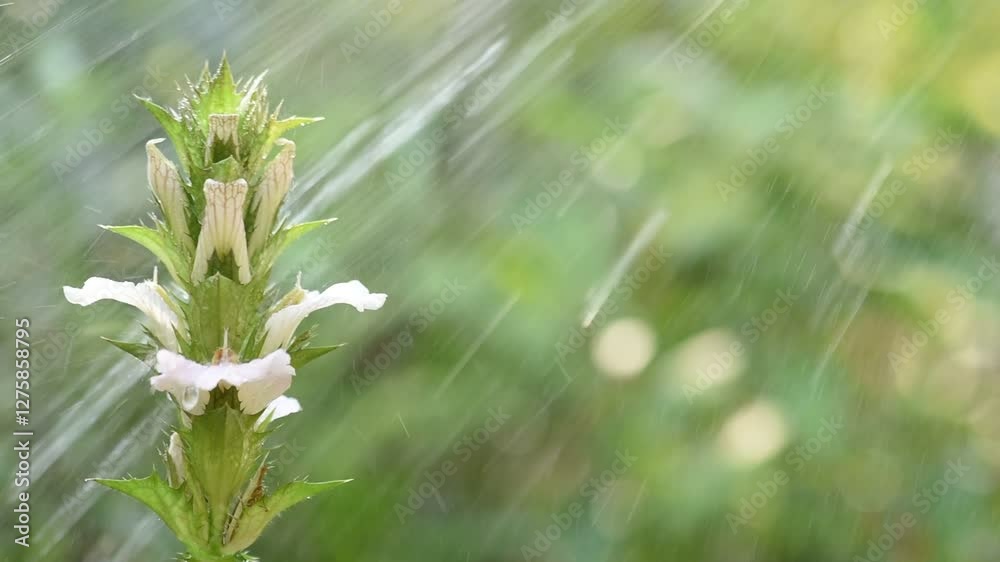 Wall mural Acanthus ebracteatus branch flowers and rain on natural background.