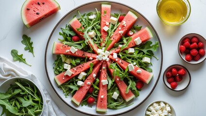 Refreshing Watermelon Arugula Feta Salad Beautifully Arranged on White Plate With Accompaniments and Space for Text