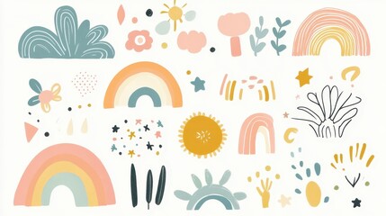 A colorful collection of hand-drawn illustrations featuring rainbows, flowers, and abstract shapes in pastel colors, creating a cheerful and whimsical design.