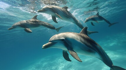 Fototapeta premium Exploring the Underwater Wonders World with Joyful Dolphins Swimming Gracefully Through Crystal Clear Waters