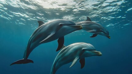 Fototapeta premium Explore the Enchantment of Underwater Wonders with Two Dolphins Swimming in the Ocean