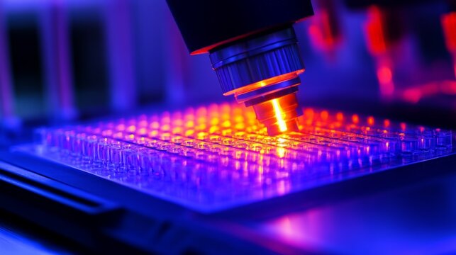 Microplate reader scanning an immunosorbent assay plate, glowing light indicating data collection in progress.