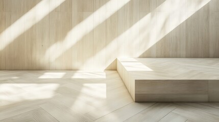 Obraz premium Minimalist indoor space featuring light wood flooring and walls, with soft shadows creating a serene ambiance.