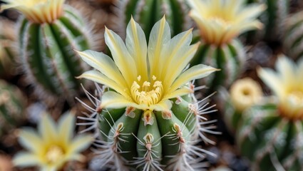 Fototapeta premium Stunning Close-Up of Pale Yellow Cactus Flower Surrounded by Green Spiky Succulents in Natural Habitat