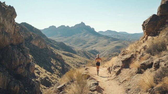 Shoulder stretch on a mountain trail with distant peaks. Featuring strength and adventure