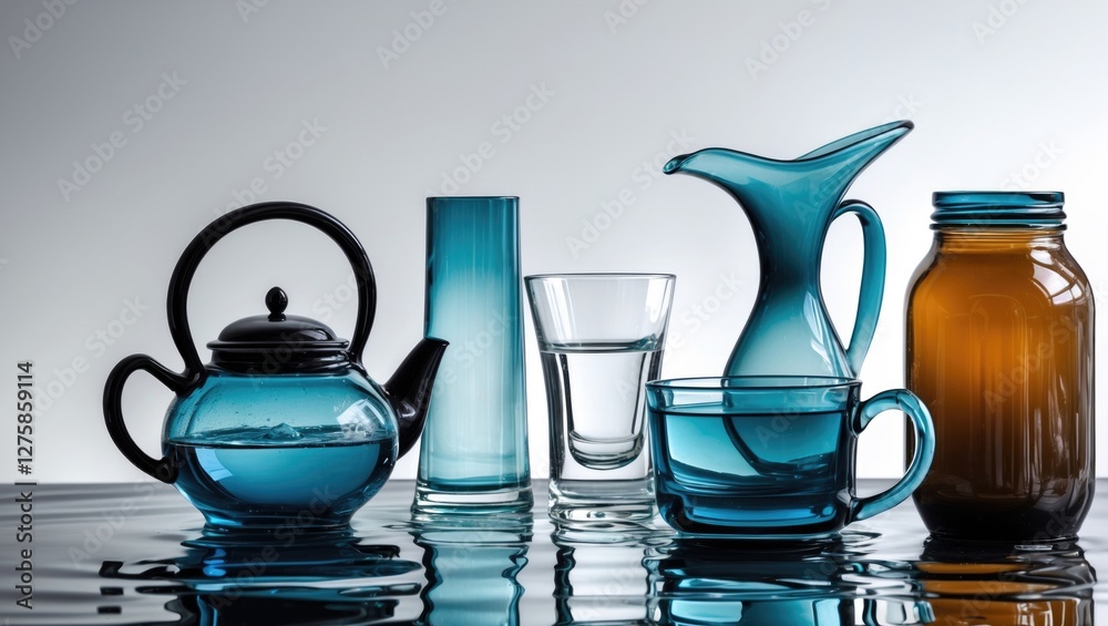 Poster various elegant glassware displayed on a reflective surface with empty space for text in an artistic