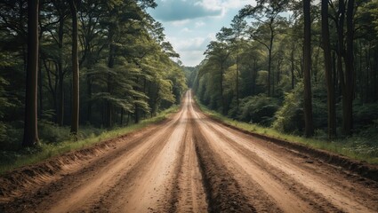 Obraz premium Scenic Dirt Road Winding Through Lush Green Forest Under a Cloudy Sky Inviting Exploration and Adventure