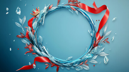 Obraz premium Set of diamond rank frames for game. Vector design of luxury blue germstone or frozen avatar templates decorated with red ribbon, ice leaves, sophisticated royal crown. Collection of round ui