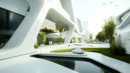 Modern architectural complex with courtyard garden; ideal for real estate or architectural visualization