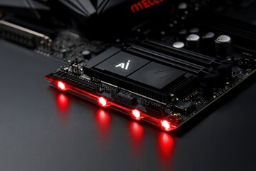 Red LED Lights on High-Tech Computer Motherboard with AI Chip