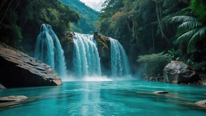Naklejka premium Twin Waterfalls Cascading Into Turquoise Pond Surrounded By Lush Tropical Rainforest And Rocky Terrain In A Serene Natural Setting