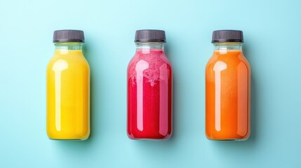 Three colorful bottles of juice arranged on a blue background, showcasing vibrant flavors and freshness