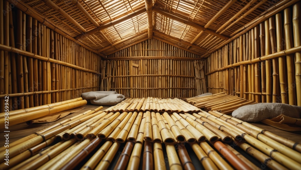Poster bamboo interior space with empty floor and walls for customizable text and design elements in a natu