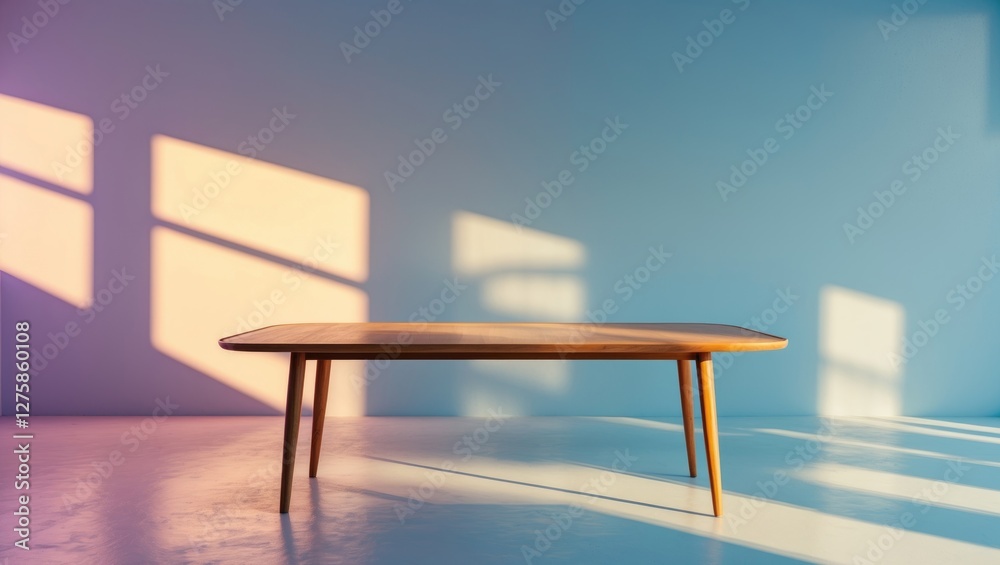 Poster minimalist empty table bathed in soft light with colorful shadows for product branding and presentat