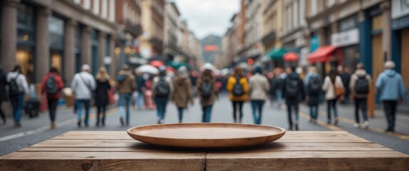 Obraz premium Wooden Plate on Table with Urban Street Scene in Background People Walking and Copy Space for Text in a Busy Shopping Area