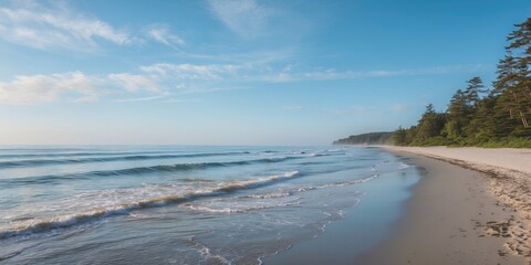 Obraz premium Tranquil Beach Landscape with Gentle Waves and Clear Blue Sky Ideal for Summer Themes and Text Placement in Advertising or Marketing
