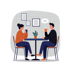 People Having Coffee Together Illustration at Cafe with Conversation Bubble