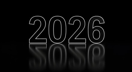 2026 new year concept. Bold black "2026" number reflected on glossy surface.