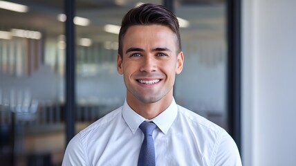 Fototapeta premium Portrait of a Happy Smiling Successful Businessman Wearing a White Shirt and Blue Tie in Modern Office Setting Professional Corporate Image Ideal for Business Concepts and Marketing Materials High 