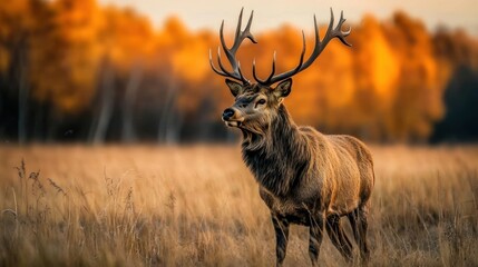 Majestic Red Deer Stag in Autumnal Meadow