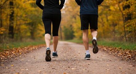 Fototapeta premium Legs jogging on autumn path - pursuing fitness - health and wellness article