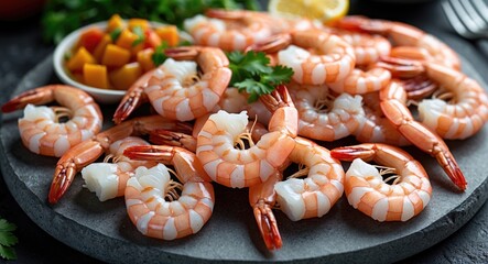 Jumbo Shrimps Served on Stone Plate with Fresh Herbs and Mango Salsa Exquisite Seafood Dinner Presentation