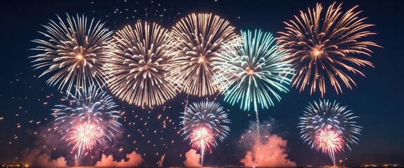 Vibrant Fireworks Display Illuminating Night Sky with Empty Space for Celebration Text or Message