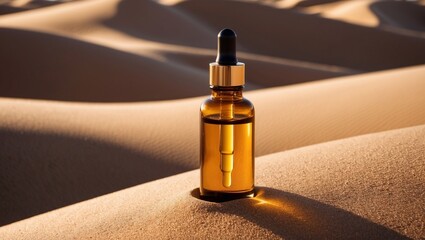 Naklejka premium Golden serum bottle with dropper stands gracefully in a serene desert landscape. Warm sunlight casts long shadows across the sand dunes, creating a peaceful and natural beauty scene.
