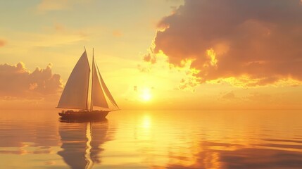 Sailing boat floating on a calm sea, golden sunrise reflecting on the water, peaceful maritime journey.