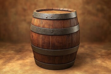 Wooden barrel with iron bands, rustic background. Perfect for concepts of brewing, aging, and storage.