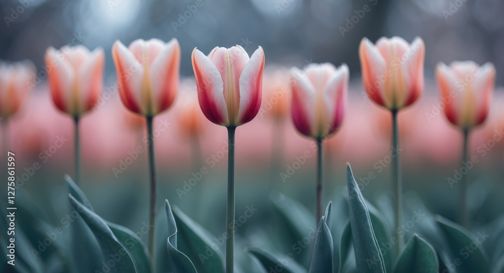 Wall mural soft focused tulips in pastel hues with a smooth blur background for text overlay and design use
