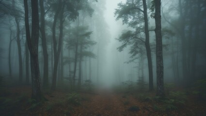 Naklejka premium Mysterious Foggy Forest Landscape with Majestic Trees and Soft Mist Creating an Enigmatic Atmosphere and Room for Text Overlay