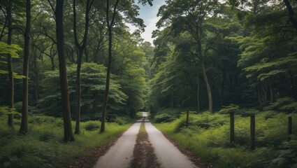 Fototapeta premium Serene Forest Road Surrounded by Lush Greenery Inviting Tranquility and Nature Exploration
