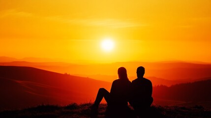 Silhouette of a couple sitting on a hill, watching the sun set over rolling hills and a glowing orange sky.