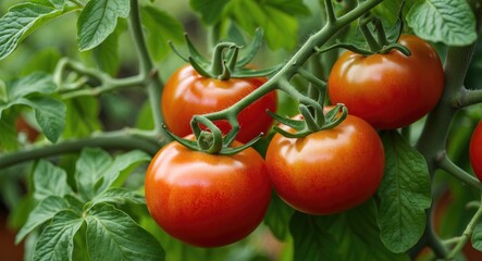 Vibrant Ripe Tomatoes Basking in Sunlight Surrounded by Lush Green Leaves on a Healthy Plant in a Home Garden Setting