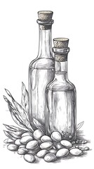 Hand-drawn olive oil bottles with olives and leaves