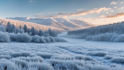 Serene Frosty Landscape with Snow-Covered Mountains and Frost-Laden Trees Perfect for Text Overlay and Seasonal Design Elements