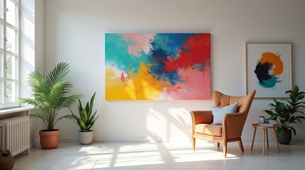 A collection of abstract paintings arranged on a wall in a bright studio 