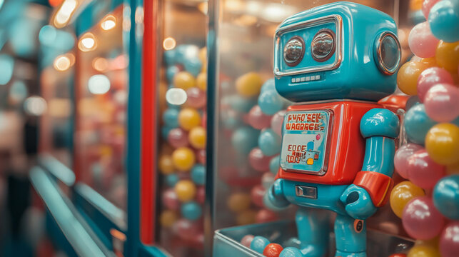 Gashapon candy vending machine toy with gum ball vector. Vintage isolated bubblegum plastic dispenser for random chewing sweet food. Different cartoon full robot of chew bubble with label ui asset