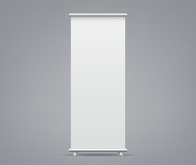 Roll up banner stand isolated on transparent and white backgrounds. Vector blank display mockup for presentation, exhibition product template