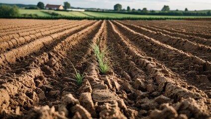 Fototapeta premium Plowed Agricultural Field with Furrows and Emerging Grass in Serene Countryside Landscape