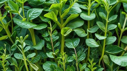 Obraz premium Lush green garden orach plants showcasing vibrant stems and fresh spring leaves, ideal for culinary and herbal applications.