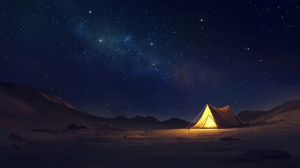 Starry desert night, a small tent glowing under the Milky Way, capturing the vastness of the cosmos.