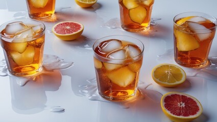 Refreshing Glasses of Iced Tea with Citrus Slices and Melting Ice on White Surface Ideal for Summer Beverage Promotion