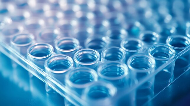 Sterile plastic microplate with tiny wells, magnified view of immunosorbent test preparation, precise liquid handling.