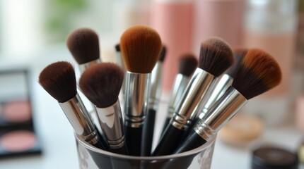 professional makeup brushes displayed in a stylish holder, featuring various brush types for foundation, eyeshadow, and blush