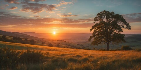 Tranquil Golden Sunset Over Rolling Hills and Lush Fields with Majestic Tree Silhouette