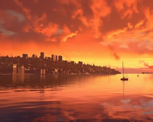 Fototapeta premium City view at sunset, with a calm sea, a sailboat. Use travel destination ad